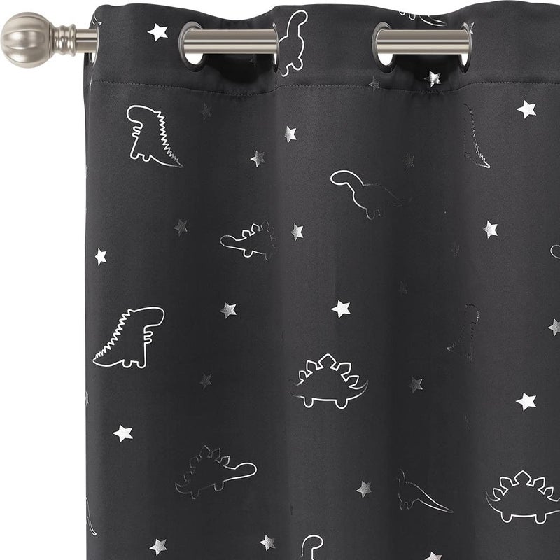 LORDTEX Dinosaur and Star Foil Print Blackout Curtains for Kids Room - Thermal Insulated Curtains Noise Reducing Window Drapes for Boys and Girls Bedroom, 42 x 84 Inch, Grey, Set of 2 Panels - Image 1